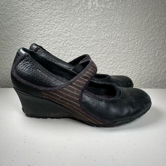 Merrell Womens 6.5 Poppy Mary Janes Black Stripe Elastic Wedge Heel Leather Shoe - Picture 1 of 9